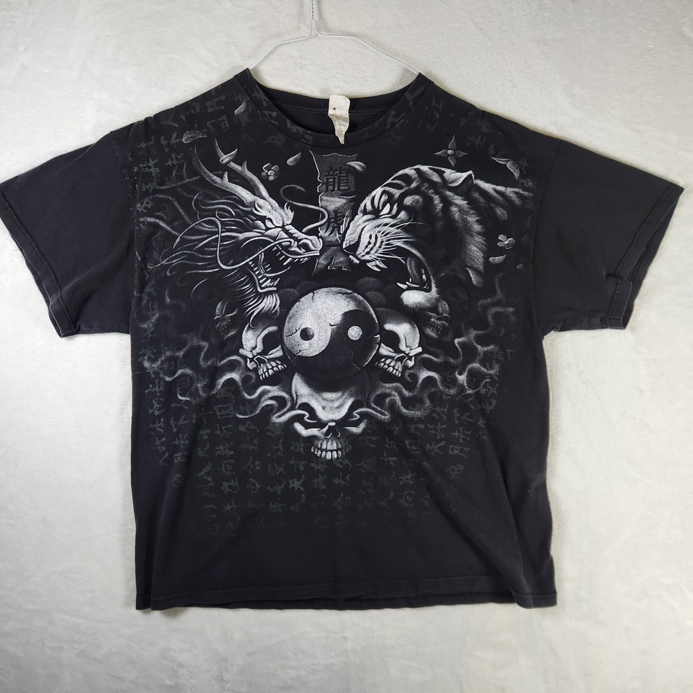 Vtg Y2K Dragon Tiger Yin Yang Graphic T-Shirt Black‎ Delta Pro Weight XL
